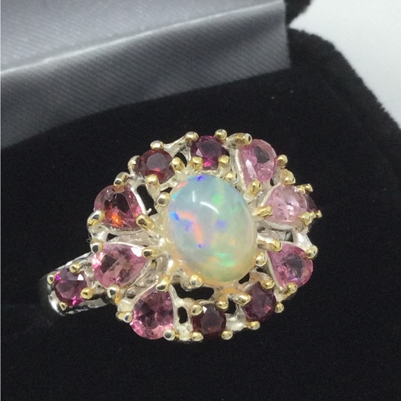 Genuine , Natural Fiery Opal & Pink Tourmalines Ring - Picture 10 of 14